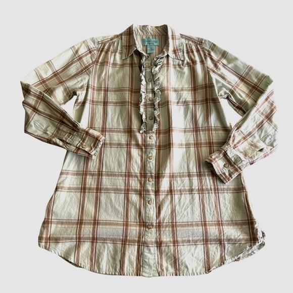 Tasha Polizzi 100% Cotton Plaid Ruffle Western Pearl Snap Lt‎ Aqua Tunic Shirt M - Picture 1 of 8